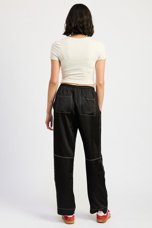 SATIN LOUNGE PANTS WITH CONTRASTED STITCH-Charmful Clothing Boutique