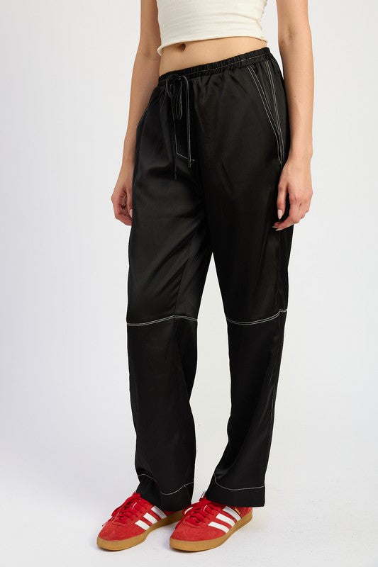 SATIN LOUNGE PANTS WITH CONTRASTED STITCH-Charmful Clothing Boutique