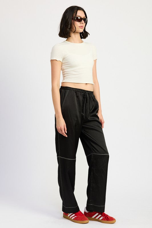 SATIN LOUNGE PANTS WITH CONTRASTED STITCH-Charmful Clothing Boutique