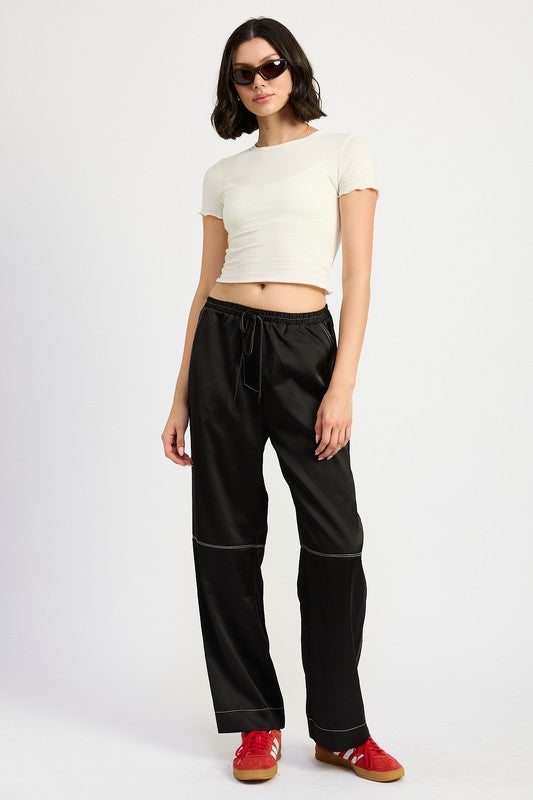 SATIN LOUNGE PANTS WITH CONTRASTED STITCH-Charmful Clothing Boutique