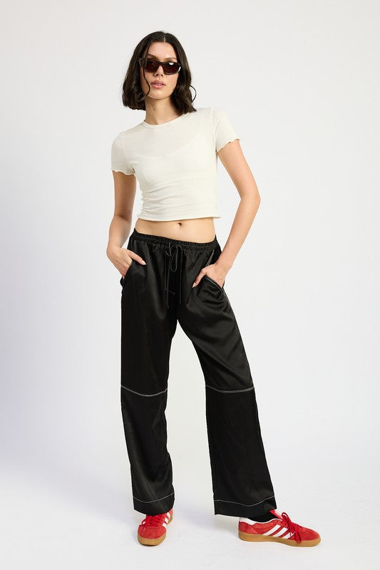 SATIN LOUNGE PANTS WITH CONTRASTED STITCH-Charmful Clothing Boutique