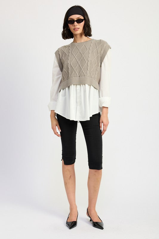 CABLE TWO FER SWEATER TOP-Charmful Clothing Boutique