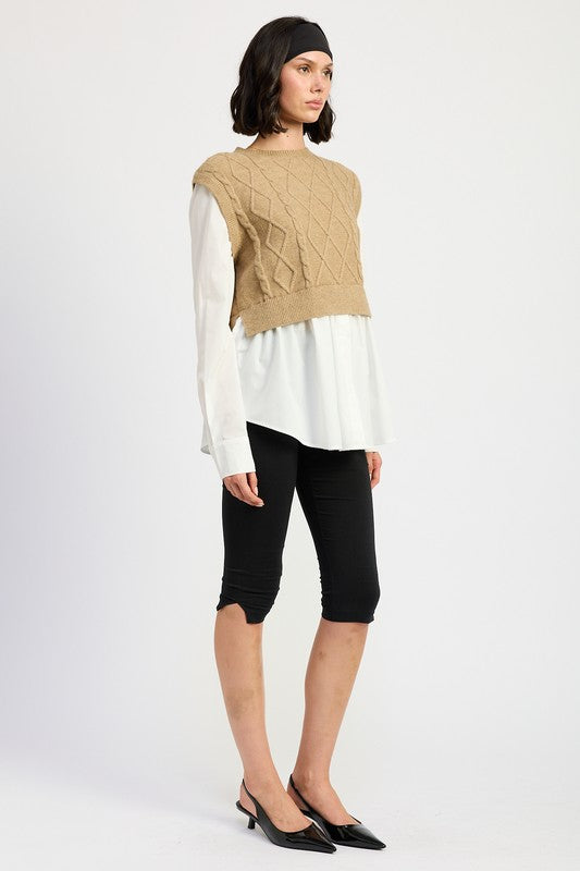 CABLE TWO FER SWEATER TOP-Charmful Clothing Boutique