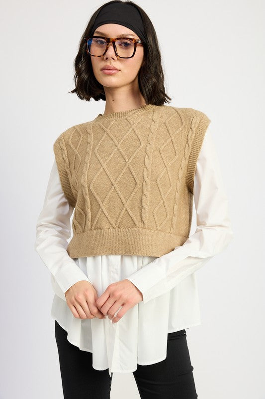 CABLE TWO FER SWEATER TOP-Charmful Clothing Boutique