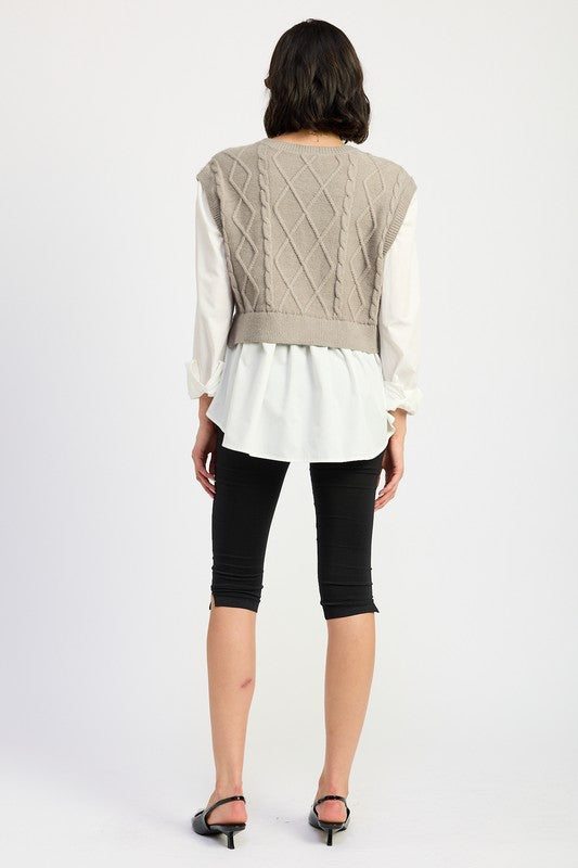 CABLE TWO FER SWEATER TOP-Charmful Clothing Boutique