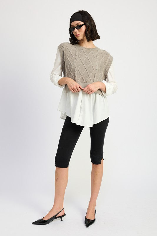 CABLE TWO FER SWEATER TOP-Charmful Clothing Boutique