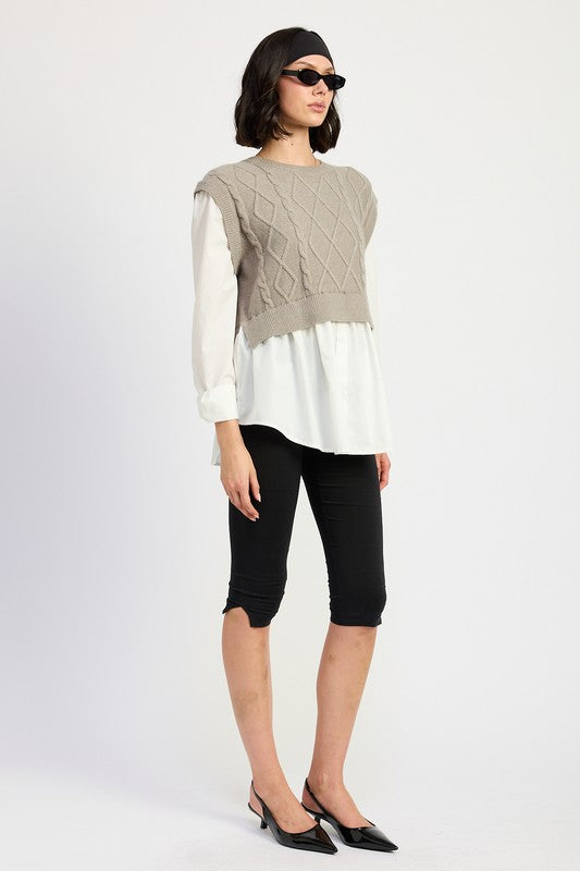 CABLE TWO FER SWEATER TOP-Charmful Clothing Boutique