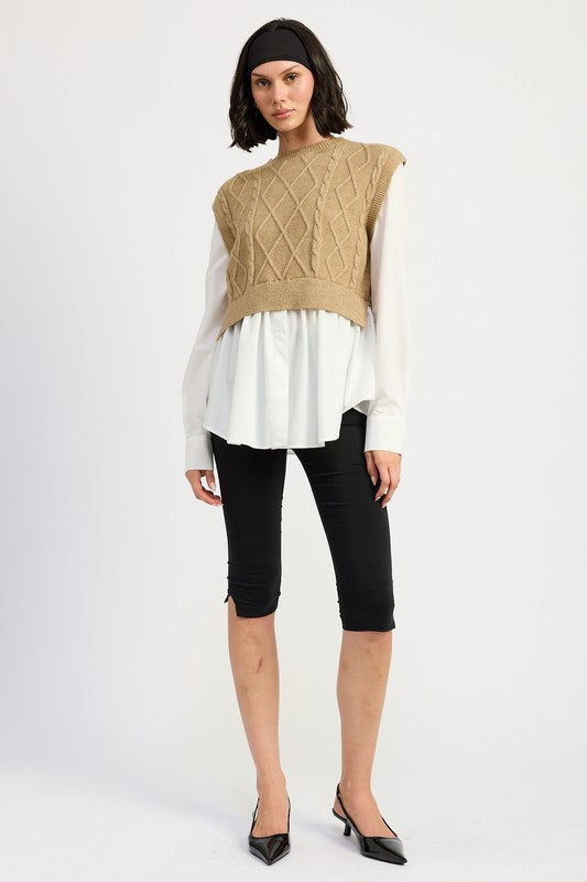 CABLE TWO FER SWEATER TOP-Charmful Clothing Boutique