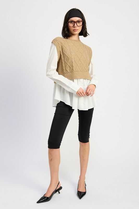 CABLE TWO FER SWEATER TOP-Charmful Clothing Boutique