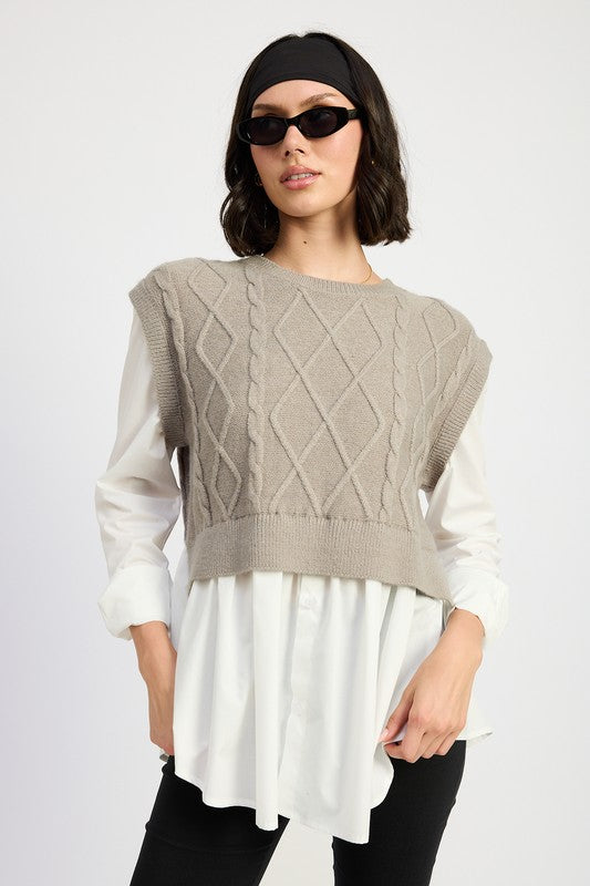 CABLE TWO FER SWEATER TOP-Charmful Clothing Boutique