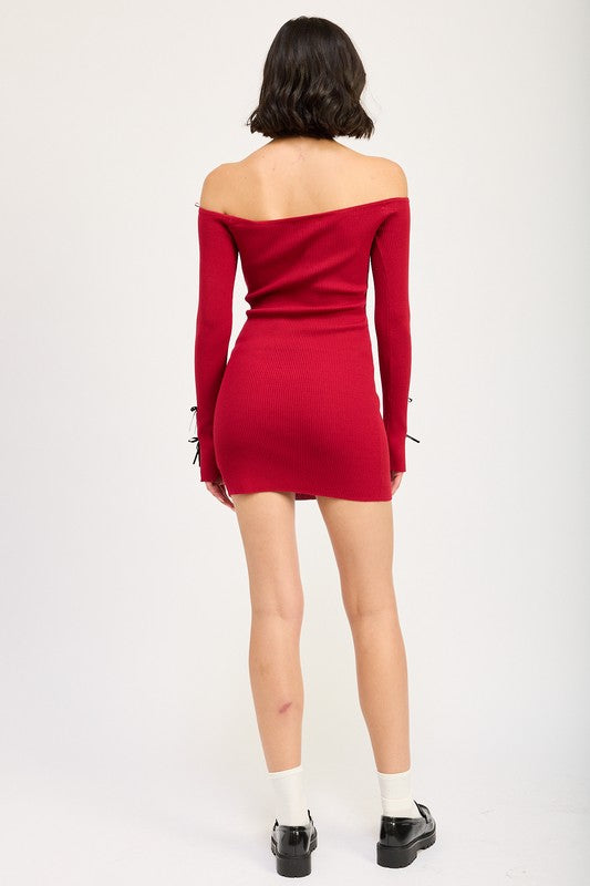 OFF SHOULDER BODYCON DRESS WITH BOW DETAIL-Charmful Clothing Boutique