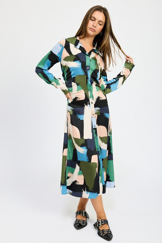 LONG SLEEVE RUCHED SHIRT DRESS-Charmful Clothing Boutique