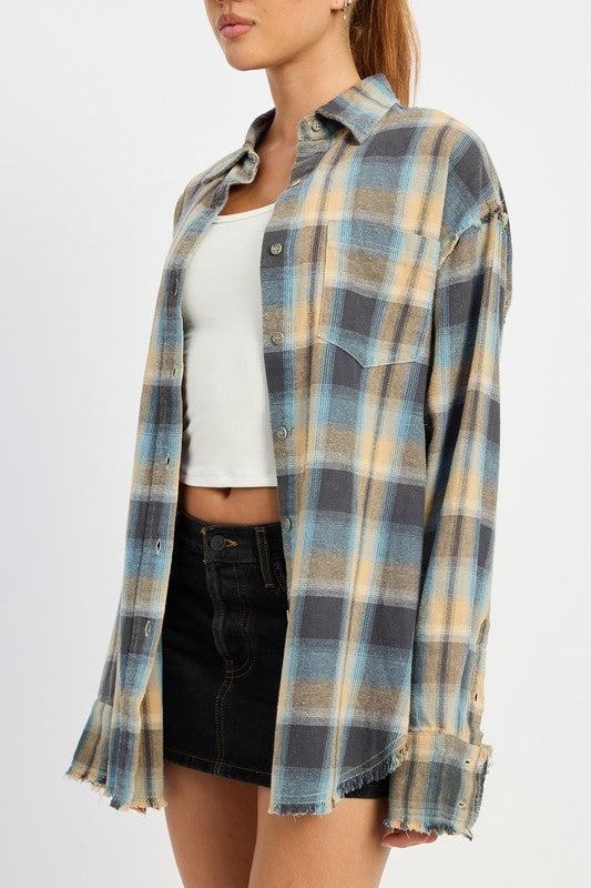 ACID WASH FLANNEL SHIRT-Charmful Clothing Boutique