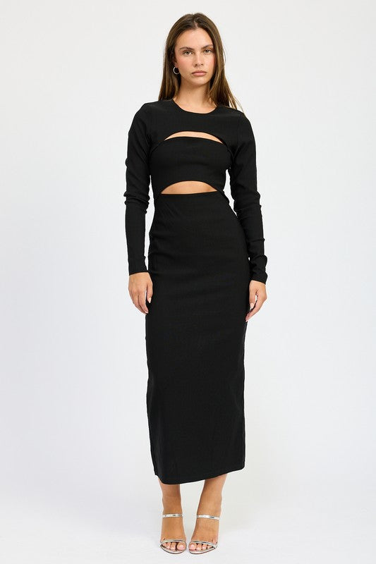 LONG SLEEVE CUTOUT MIDI DRESS-Charmful Clothing Boutique