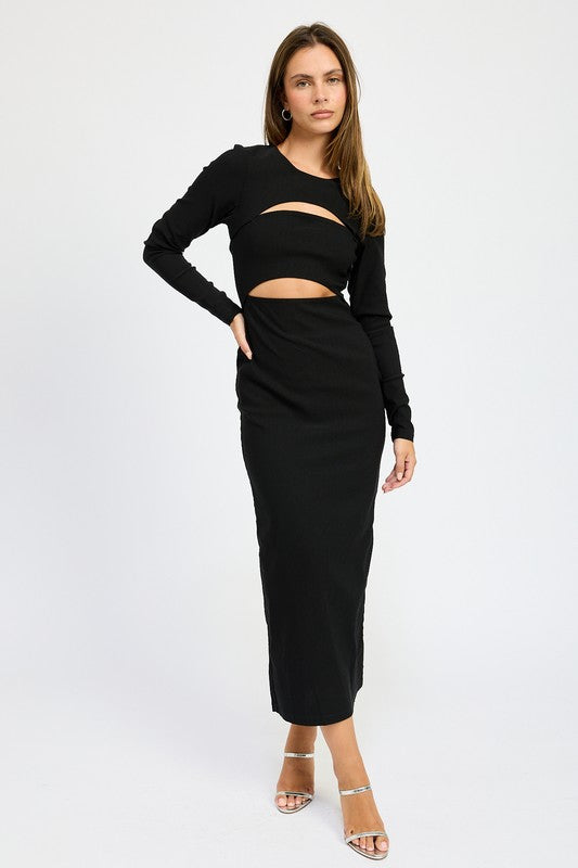 LONG SLEEVE CUTOUT MIDI DRESS-Charmful Clothing Boutique