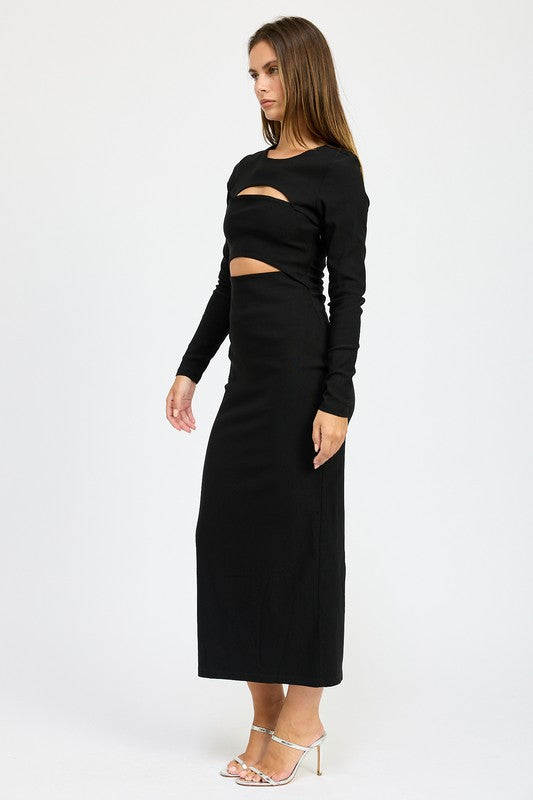 LONG SLEEVE CUTOUT MIDI DRESS-Charmful Clothing Boutique