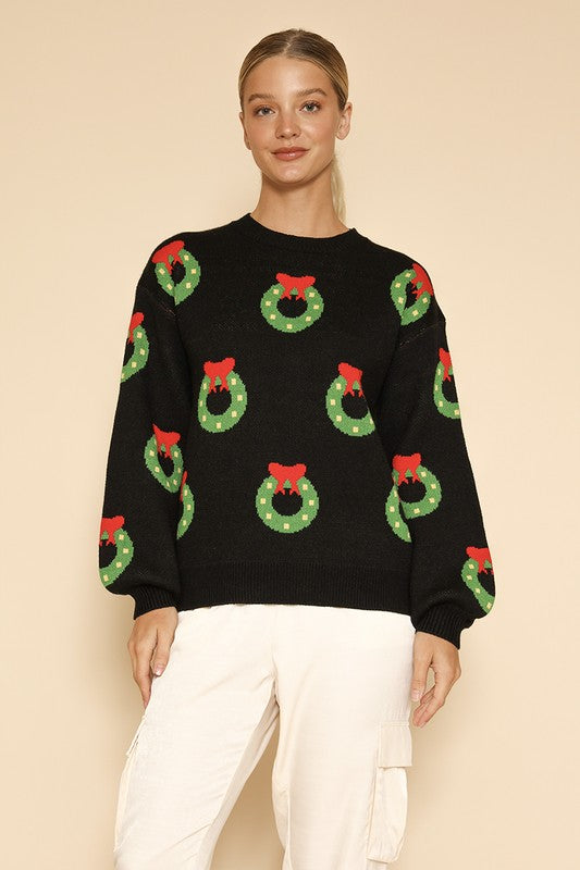 All over wreath holiday knit sweater-Charmful Clothing Boutique