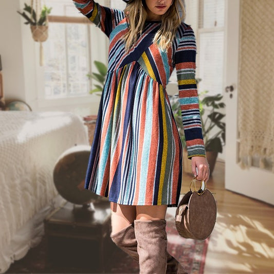 Multi Color Cross Stripe Midi Dress-Charmful Clothing Boutique