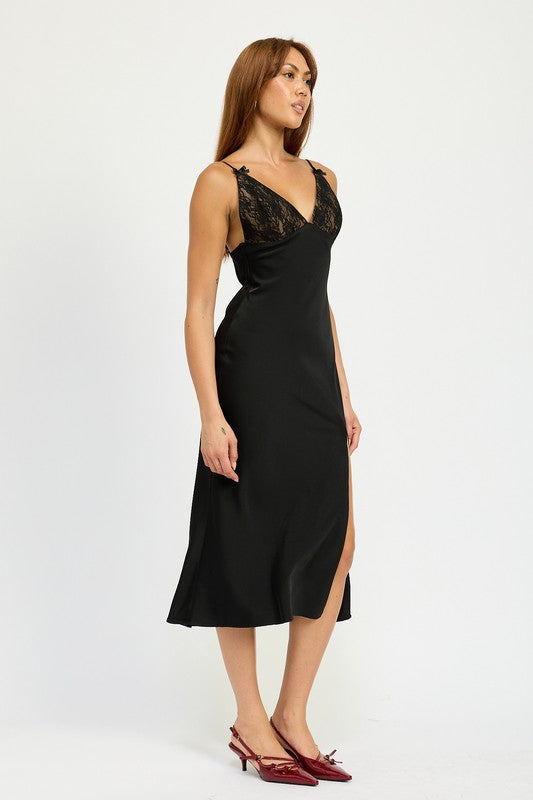 SATIN LACE CAMI MIDI DRESS WITH SLIT-Charmful Clothing Boutique