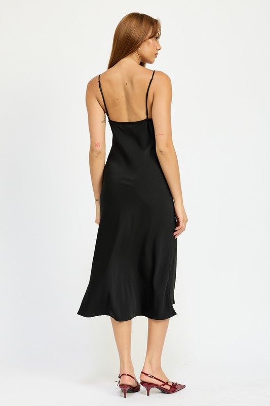 SATIN LACE CAMI MIDI DRESS WITH SLIT-Charmful Clothing Boutique