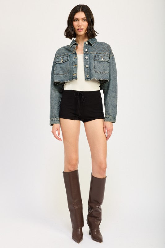 EMBROIDERED DENIM CROP JACKET-Charmful Clothing Boutique