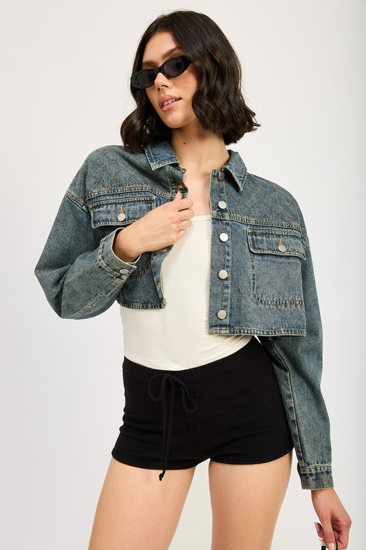 EMBROIDERED DENIM CROP JACKET-Charmful Clothing Boutique