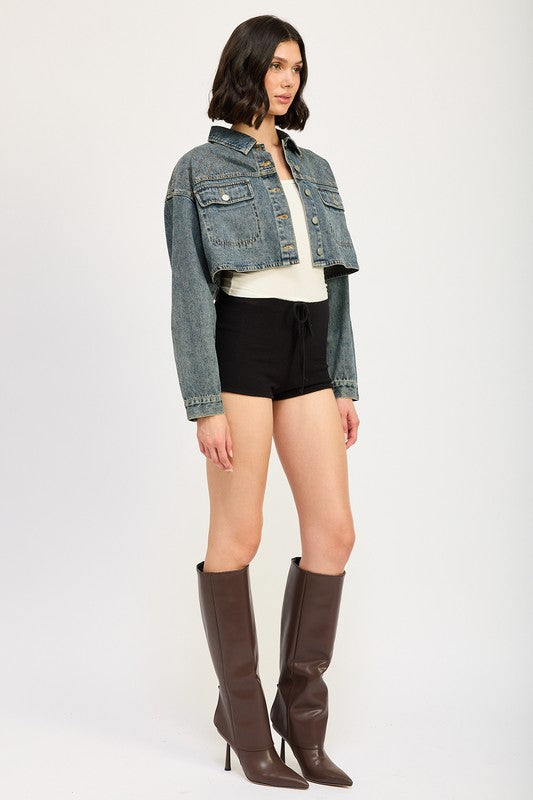 EMBROIDERED DENIM CROP JACKET-Charmful Clothing Boutique