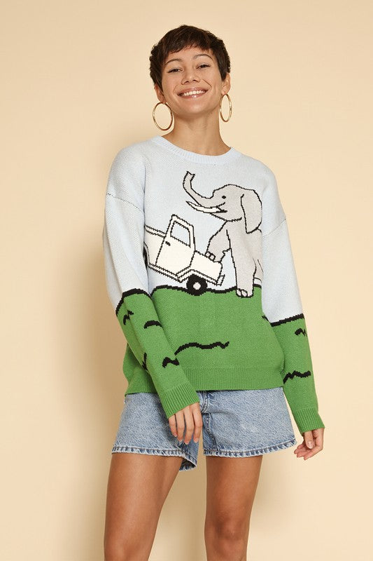 Elephant safari knit sweater-Charmful Clothing Boutique