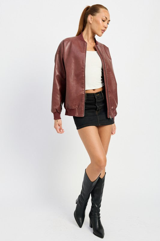 VINTAGE LEATHER BOMBER JACKET-Charmful Clothing Boutique