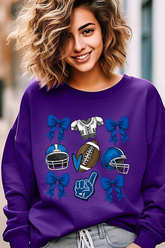 Blue Coquette Football Graphic Fleece Sweatshirts-Charmful Clothing Boutique