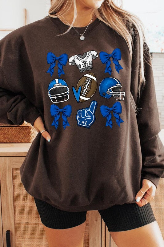 Blue Coquette Football Graphic Fleece Sweatshirts-Charmful Clothing Boutique