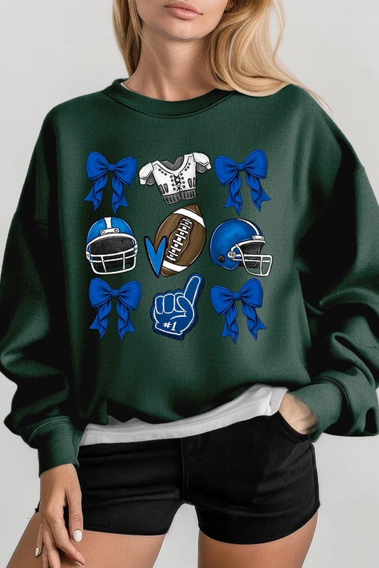 Blue Coquette Football Graphic Fleece Sweatshirts-Charmful Clothing Boutique