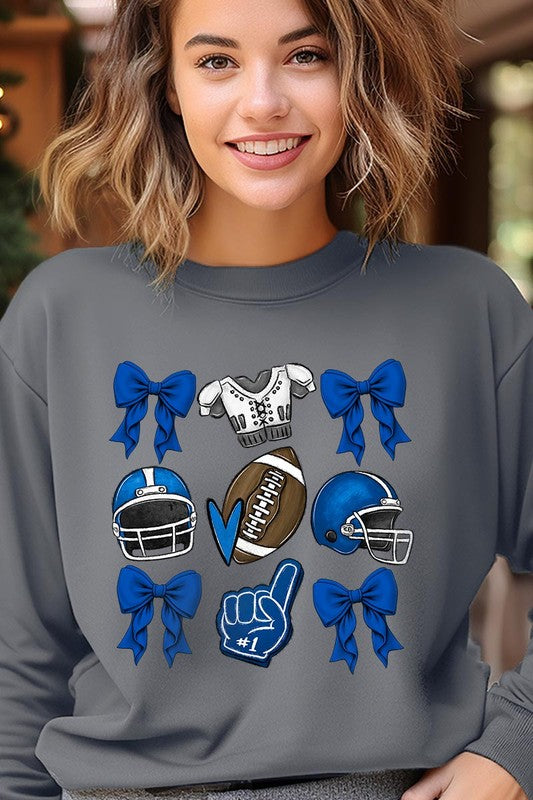 Blue Coquette Football Graphic Fleece Sweatshirts-Charmful Clothing Boutique