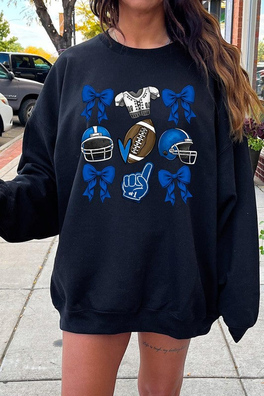 Blue Coquette Football Graphic Fleece Sweatshirts-Charmful Clothing Boutique