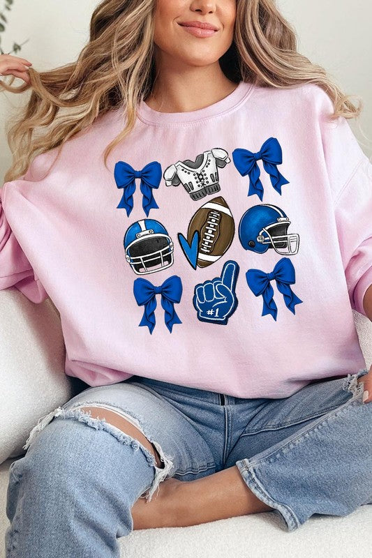 Blue Coquette Football Graphic Fleece Sweatshirts-Charmful Clothing Boutique