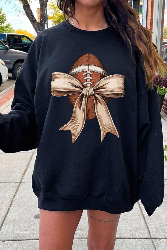 Football Bow Graphic Fleece Sweatshirts-Charmful Clothing Boutique