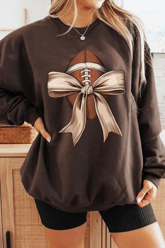 Football Bow Graphic Fleece Sweatshirts-Charmful Clothing Boutique