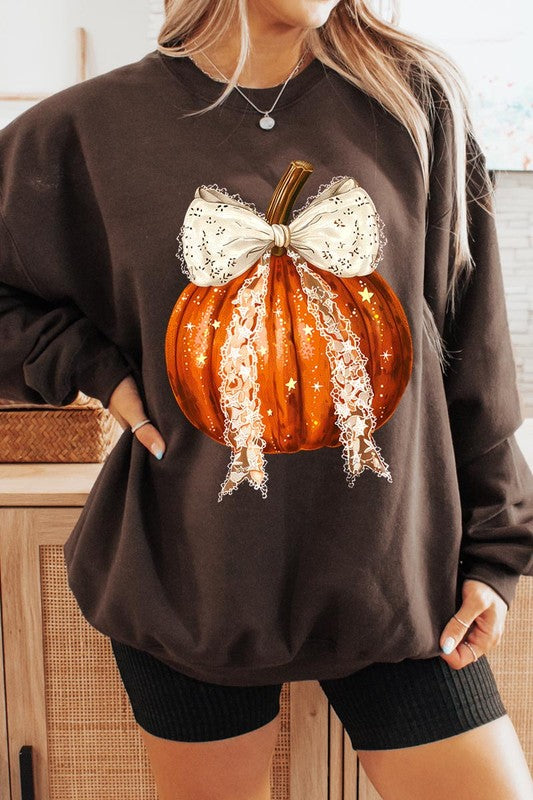 Coquette bow Halloween Pumpkin Fleece Sweatshirts-Charmful Clothing Boutique