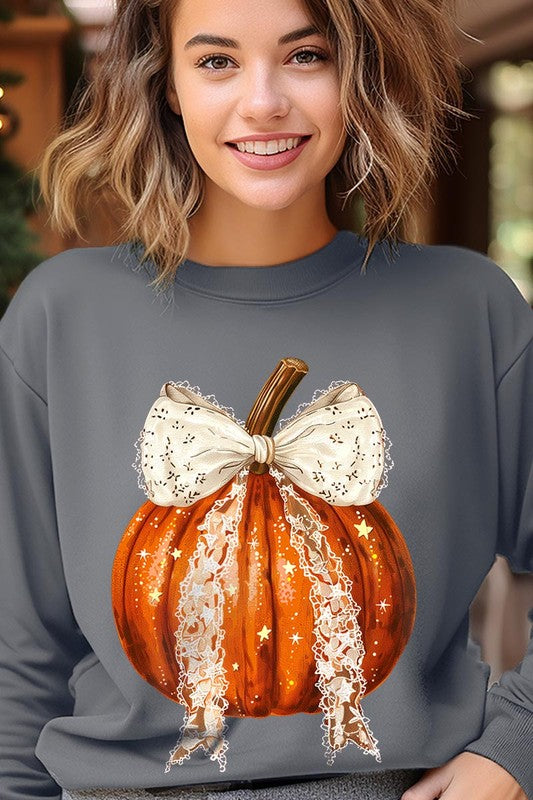 Coquette bow Halloween Pumpkin Fleece Sweatshirts-Charmful Clothing Boutique