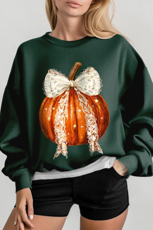 Coquette bow Halloween Pumpkin Fleece Sweatshirts-Charmful Clothing Boutique