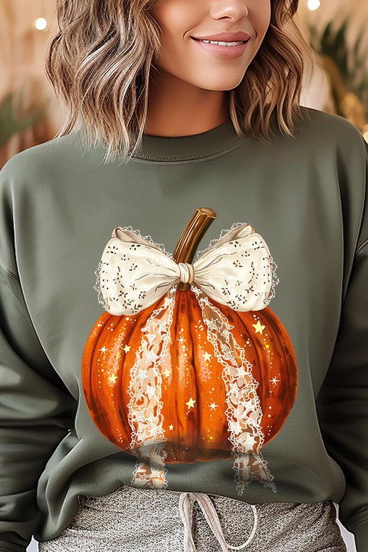 Coquette bow Halloween Pumpkin Fleece Sweatshirts-Charmful Clothing Boutique