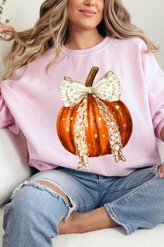 Coquette bow Halloween Pumpkin Fleece Sweatshirts-Charmful Clothing Boutique