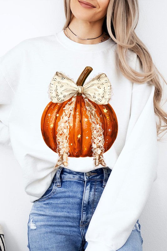 Coquette bow Halloween Pumpkin Fleece Sweatshirts-Charmful Clothing Boutique