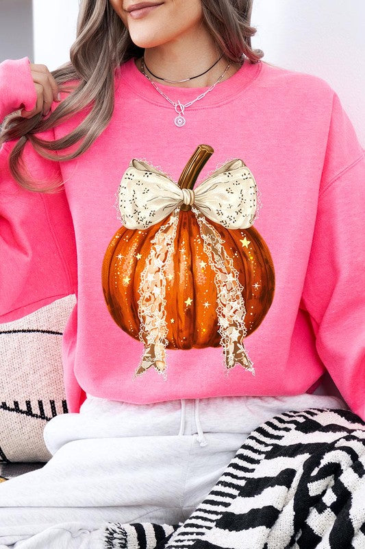 Coquette bow Halloween Pumpkin Fleece Sweatshirts-Charmful Clothing Boutique