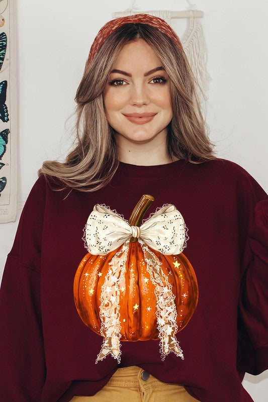 Coquette bow Halloween Pumpkin Fleece Sweatshirts-Charmful Clothing Boutique