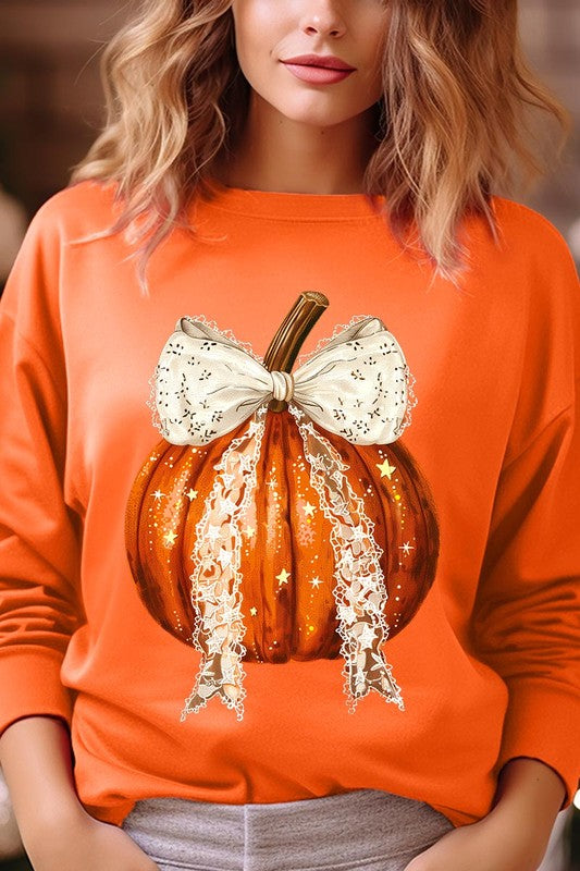 Coquette bow Halloween Pumpkin Fleece Sweatshirts-Charmful Clothing Boutique