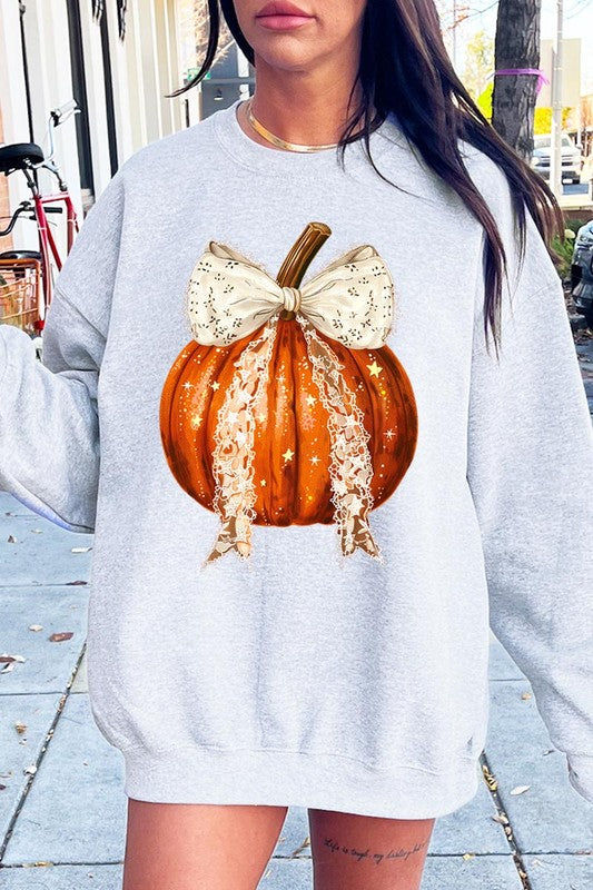 Coquette bow Halloween Pumpkin Fleece Sweatshirts-Charmful Clothing Boutique