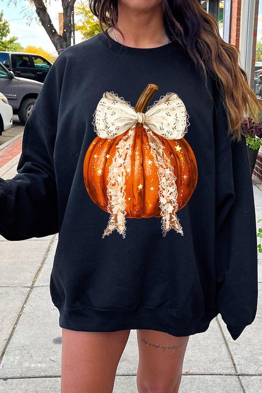 Coquette bow Halloween Pumpkin Fleece Sweatshirts-Charmful Clothing Boutique