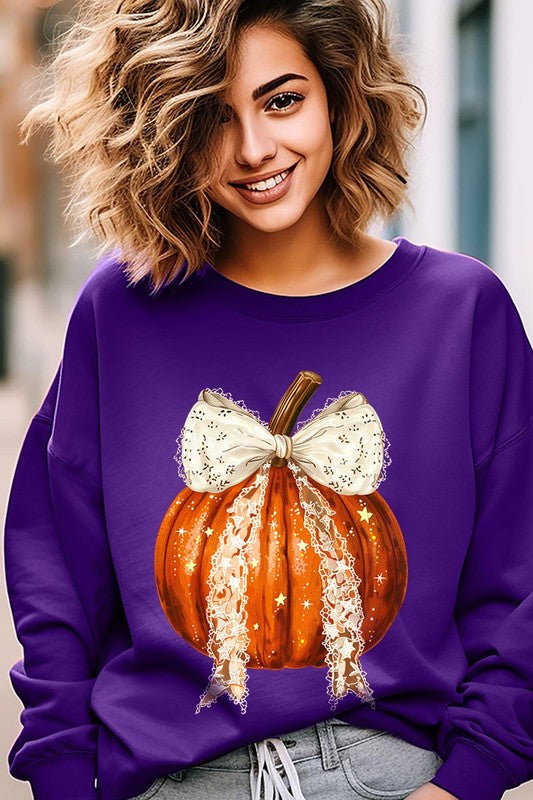 Coquette bow Halloween Pumpkin Fleece Sweatshirts-Charmful Clothing Boutique