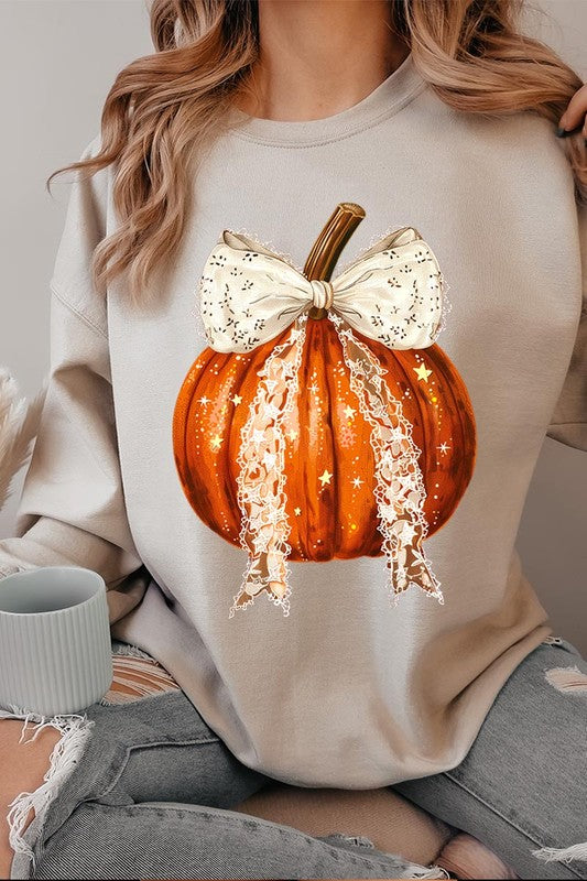 Coquette bow Halloween Pumpkin Fleece Sweatshirts-Charmful Clothing Boutique